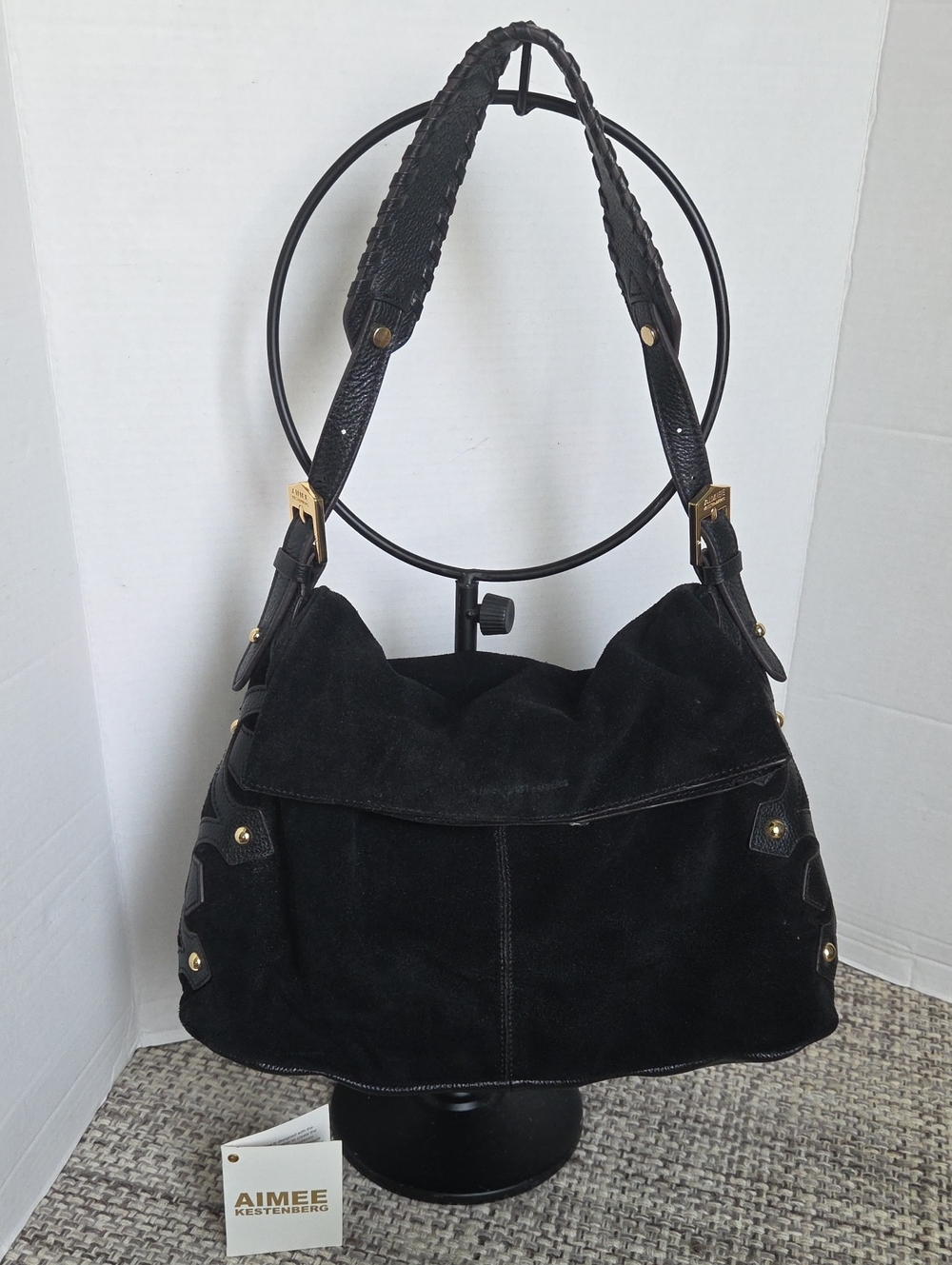 Aimee Kestenberg Black Suede Noho Hobo with Braided Strap Goldtone Accents